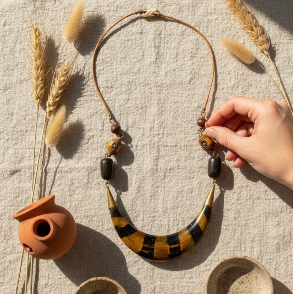 Vintage Tribal Wood Statement Necklace – Boho Artisan Bib Necklace